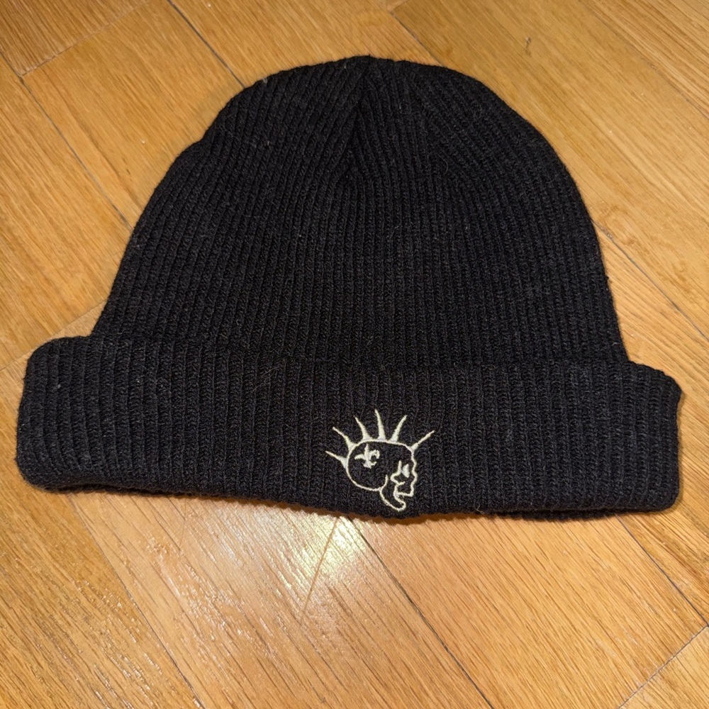 Black Ribbed Knit Beanie with White Embroidered Graphic